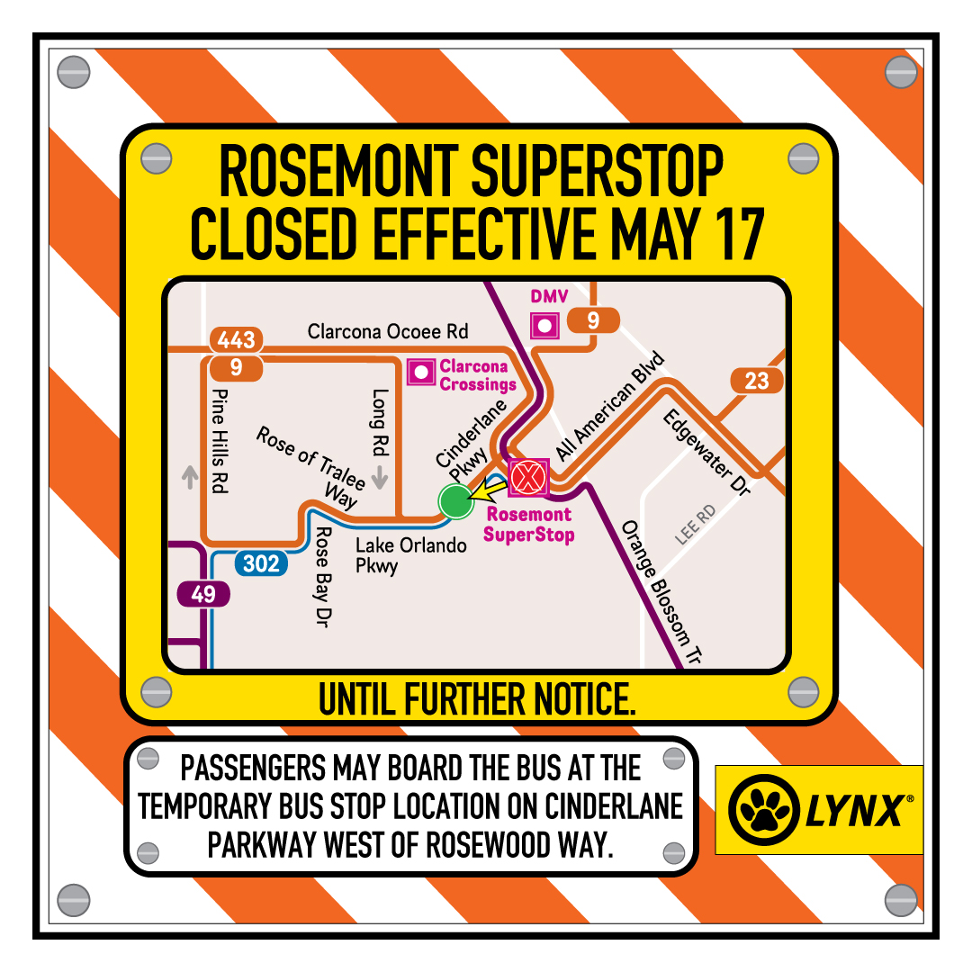 notice of the Rosemont SuperStop closure. Orange and white stripes in the background with a yellow overlay