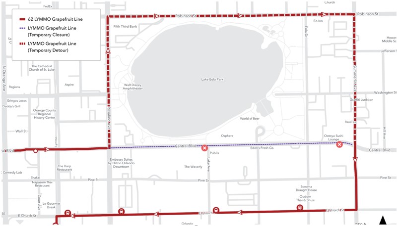 Map of the LYMMO Grapefruit line detour.