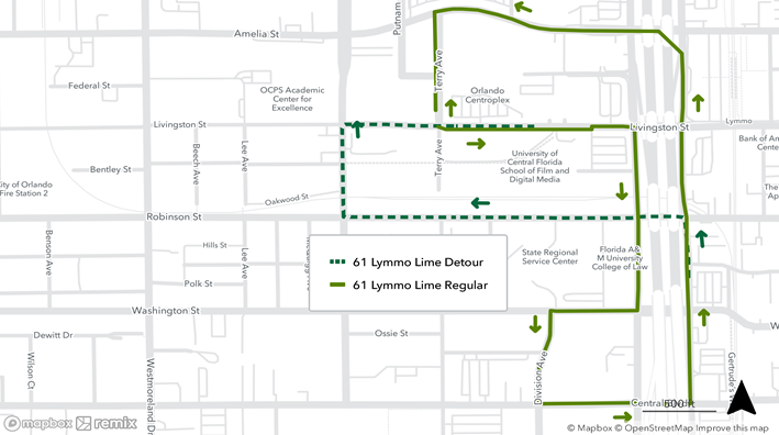 Map of detour for the LYMMO Lime route