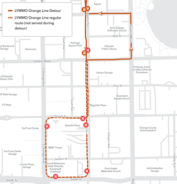 Map of LYMMO Orange line detour of Magnolia Avenue