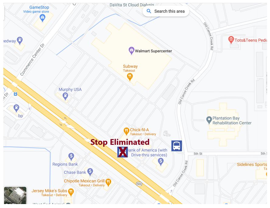 Map showing the location of the bus stop on US 192 and Old Canoe Creek Road.