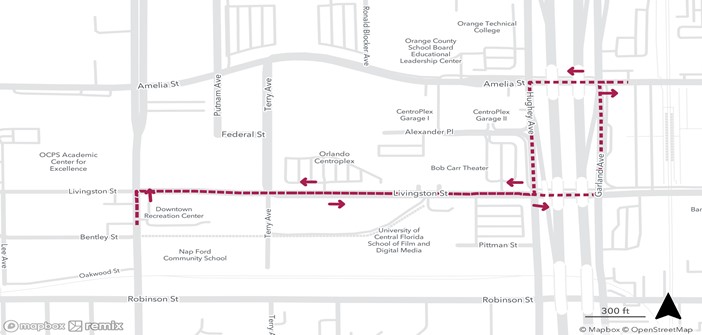 Map of detour on Amelia Street between Parramore Avenue and Hughey Avenue