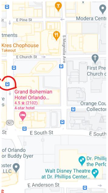 map showing bus stop on 527 near the Grand Bohemian Hotel
