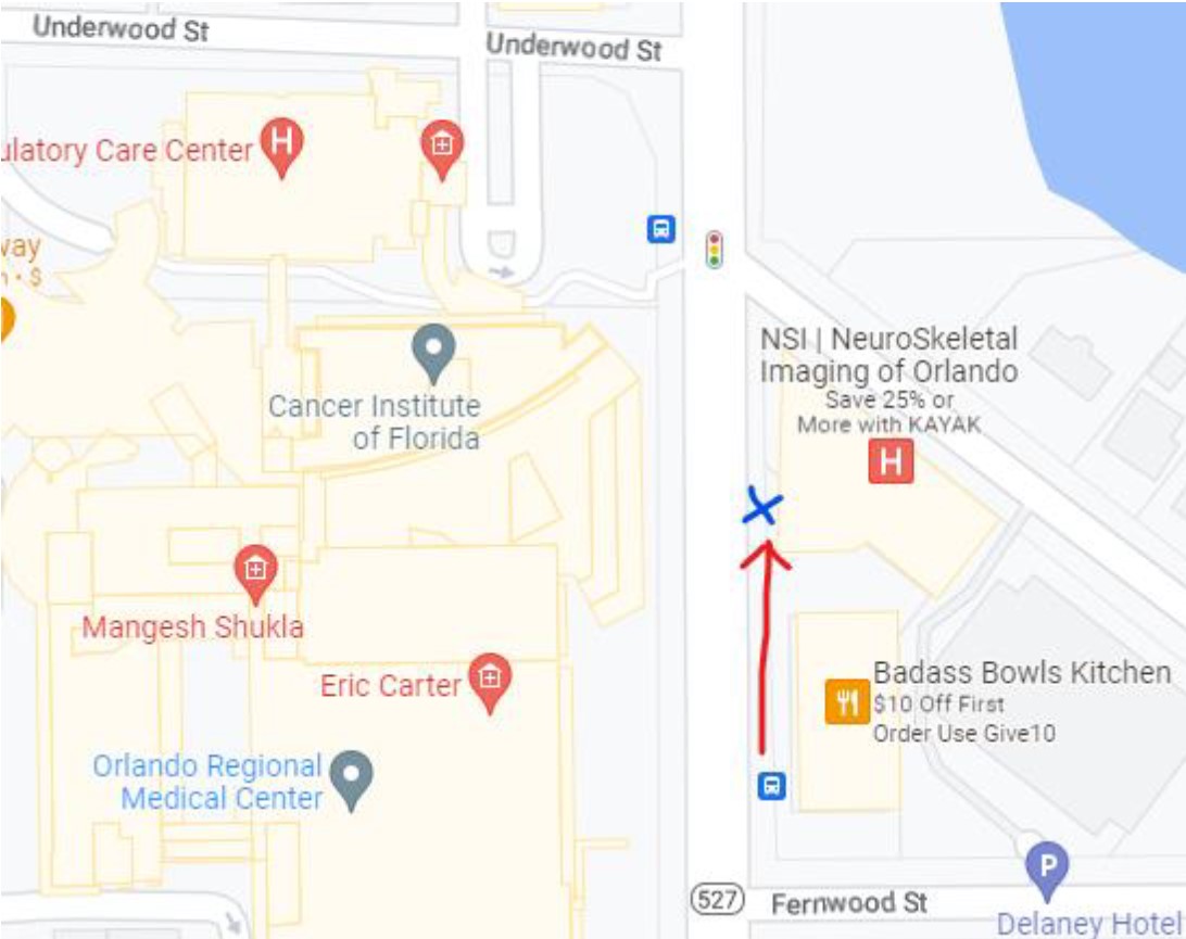 Map of bus stop relocation on Orange Avenue and Fernwood Street.