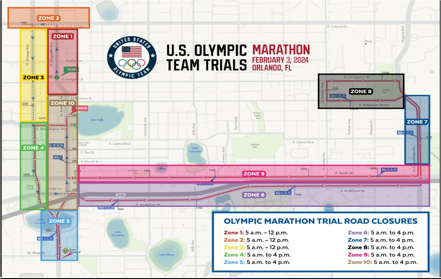 Map of Olympic Marathon Trial Road Closures with Zones from 1 through 10