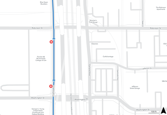 map of detour on hughey avenue between robinson and washington streets