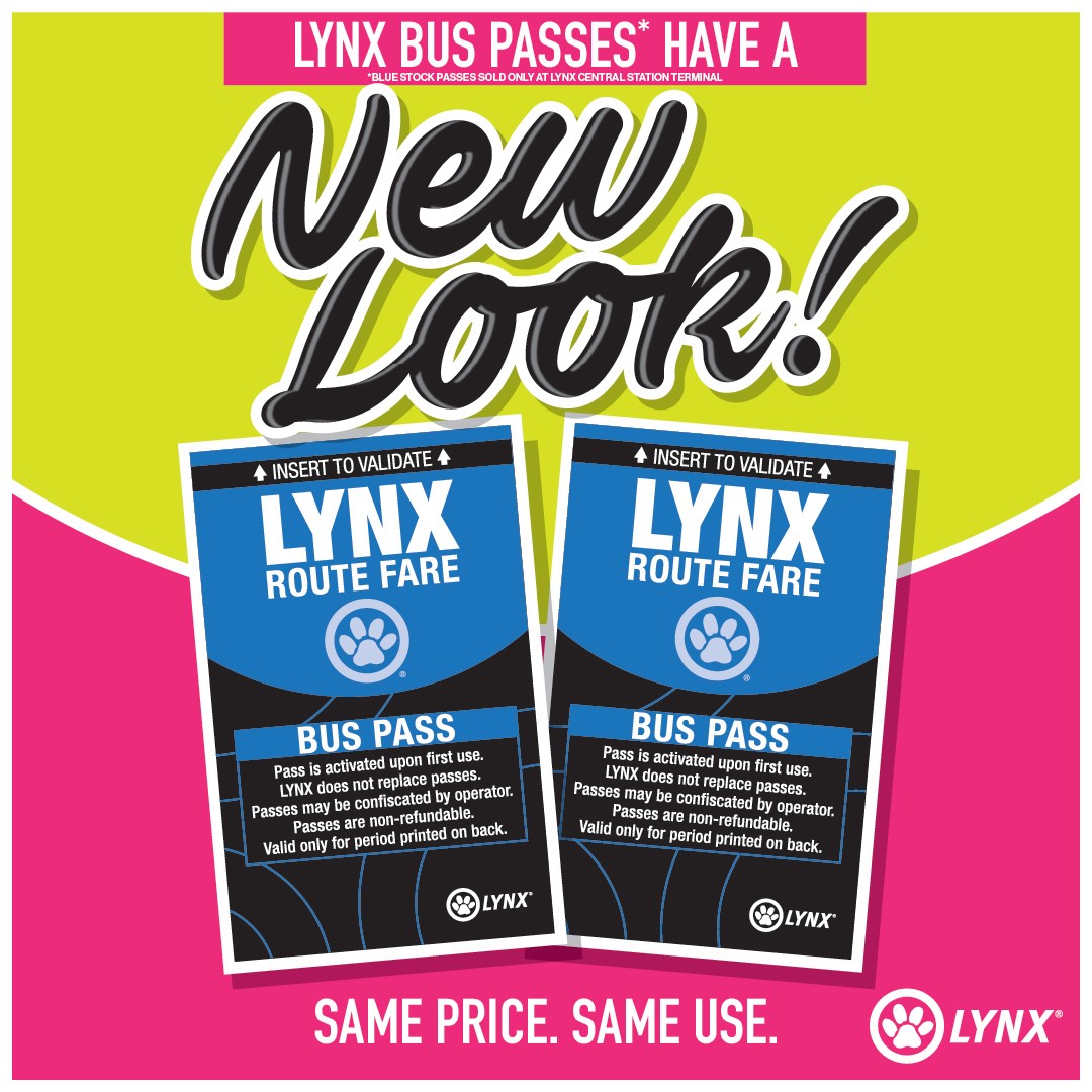 LYNX route fare bus pass. Blue, black and white bus pass.