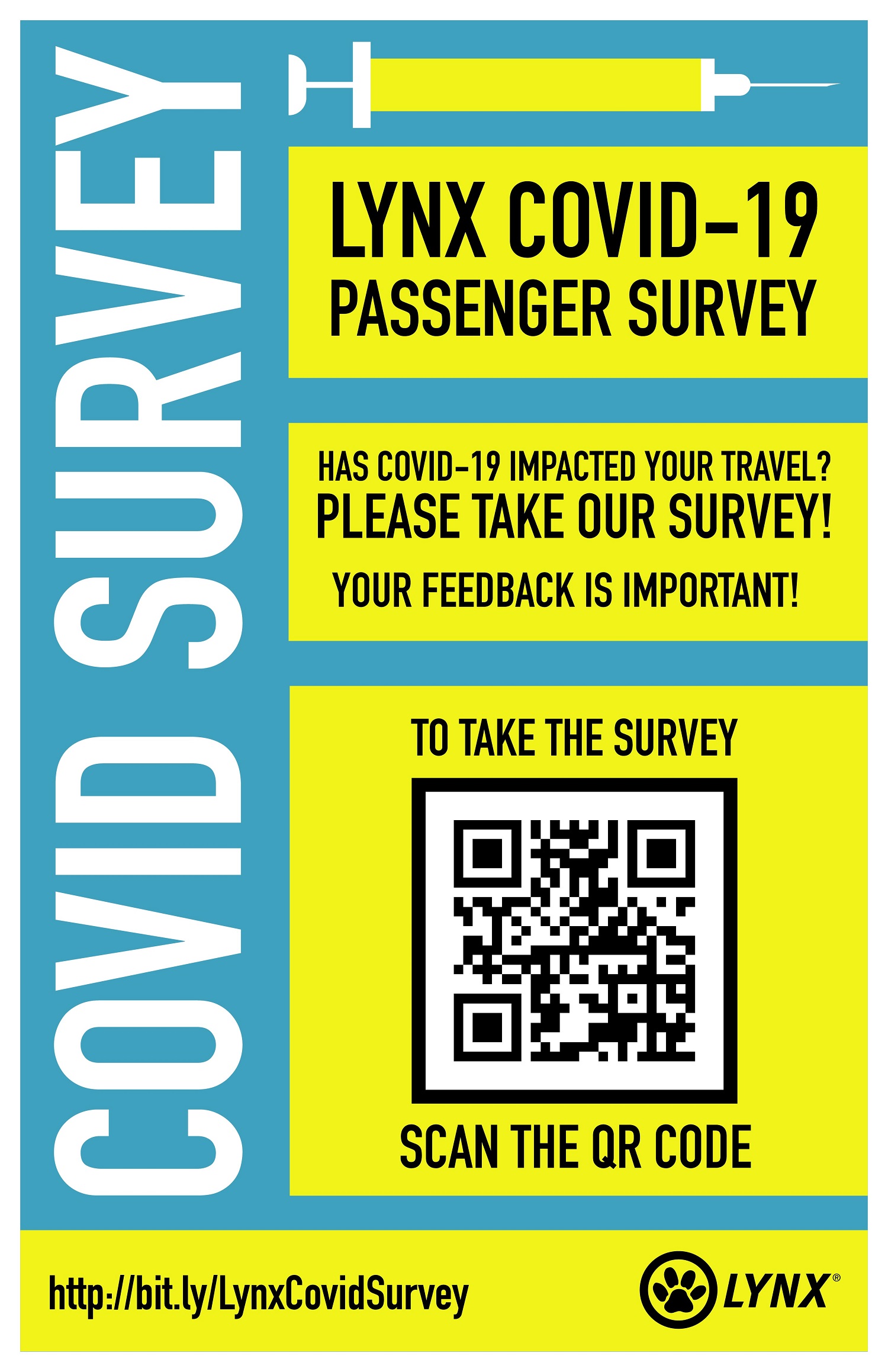 Yellow, blue and white COVID Survey Flyer in english