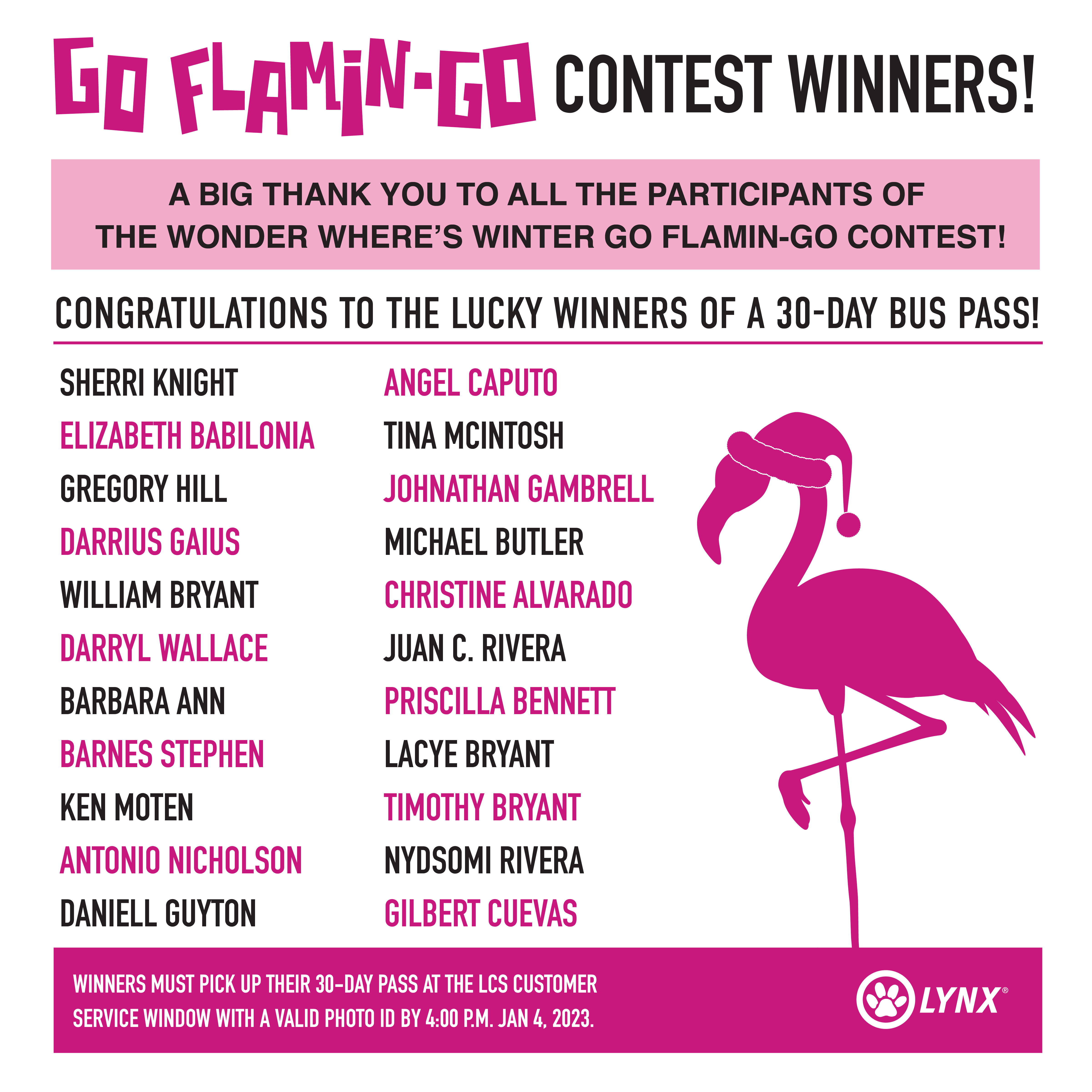 Image of a flamingo with a Santa hat and list of the 30-day pass winners