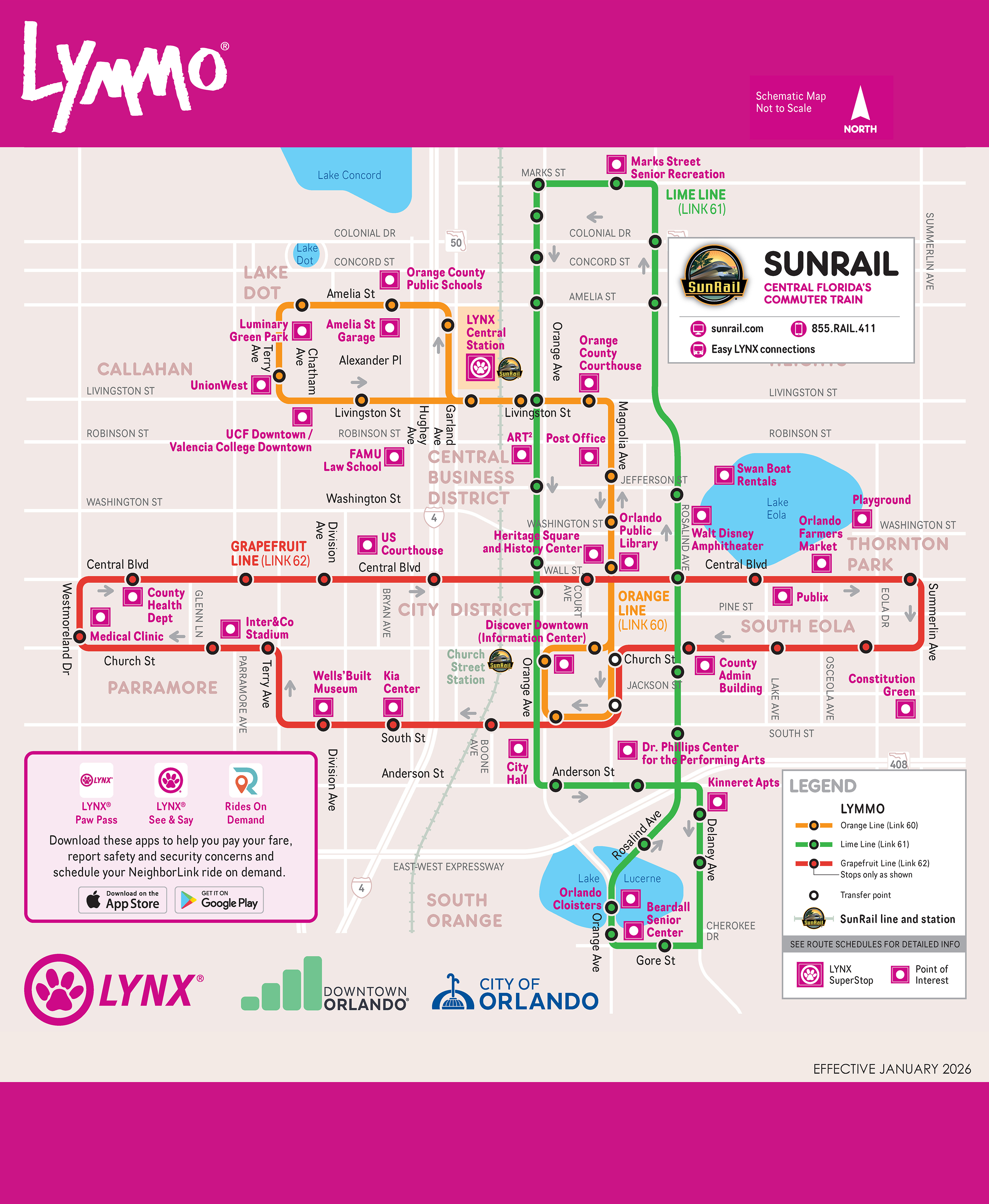 Map of downtown Orlando’s LYMMO free bus system showing the Orange, Lime, and Grapefruit routes, major stops, SunRail connections, and key landmarks like LYNX Central Station, City Hall, and Lake Eola.