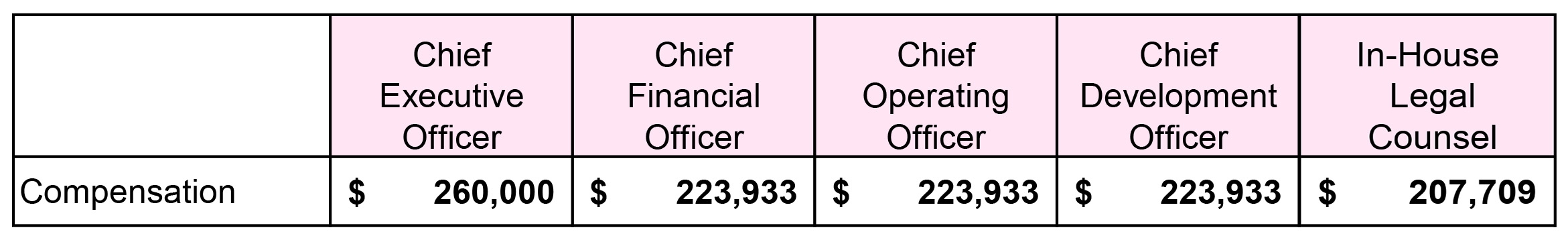 Chart of executive management level employees compensation.