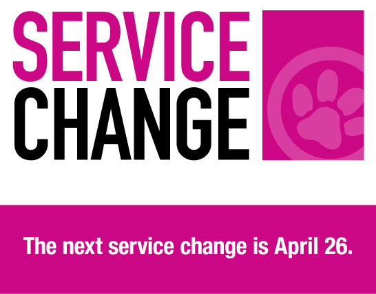 Announcement of a service change with the next change scheduled for April 26 and a link to golynx.com/servicechange for details.