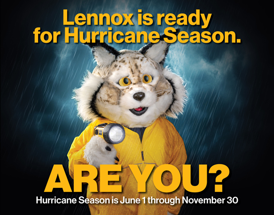 image of Lennox the lynx in the rain holding a flashlight with a message that says Lennox is ready for hurricane season. Are you?