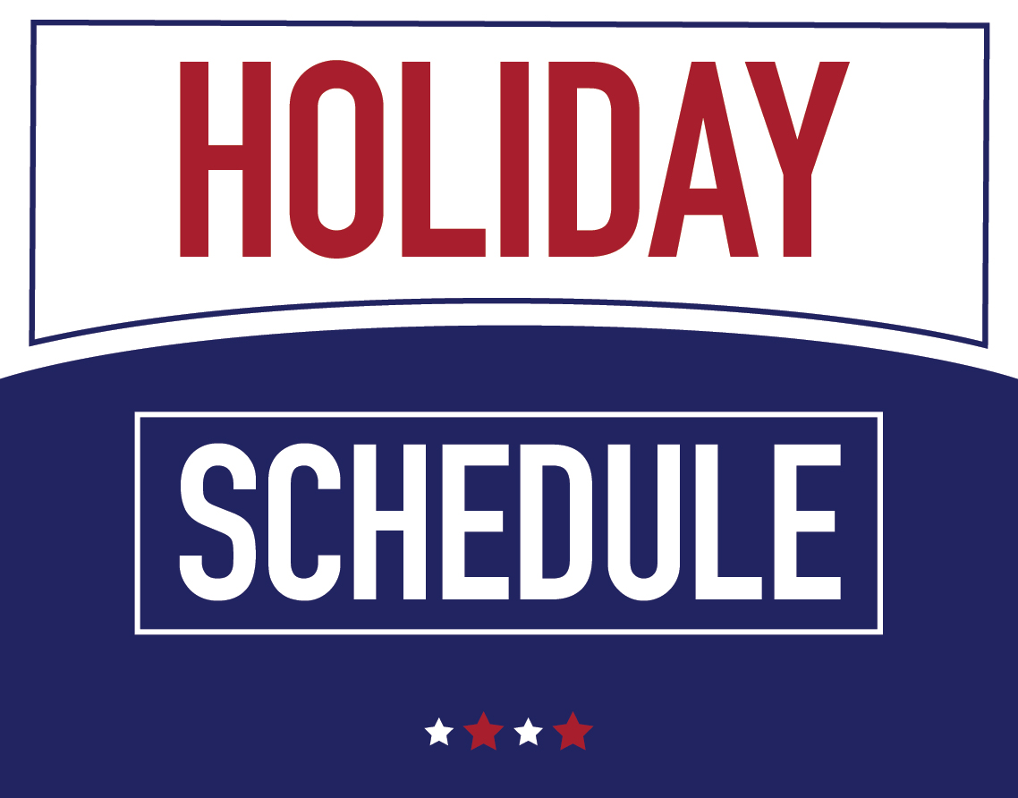 Bold red text reading 'HOLIDAY' above a white box with 'SCHEDULE' in blue on a dark blue background with three stars below.
