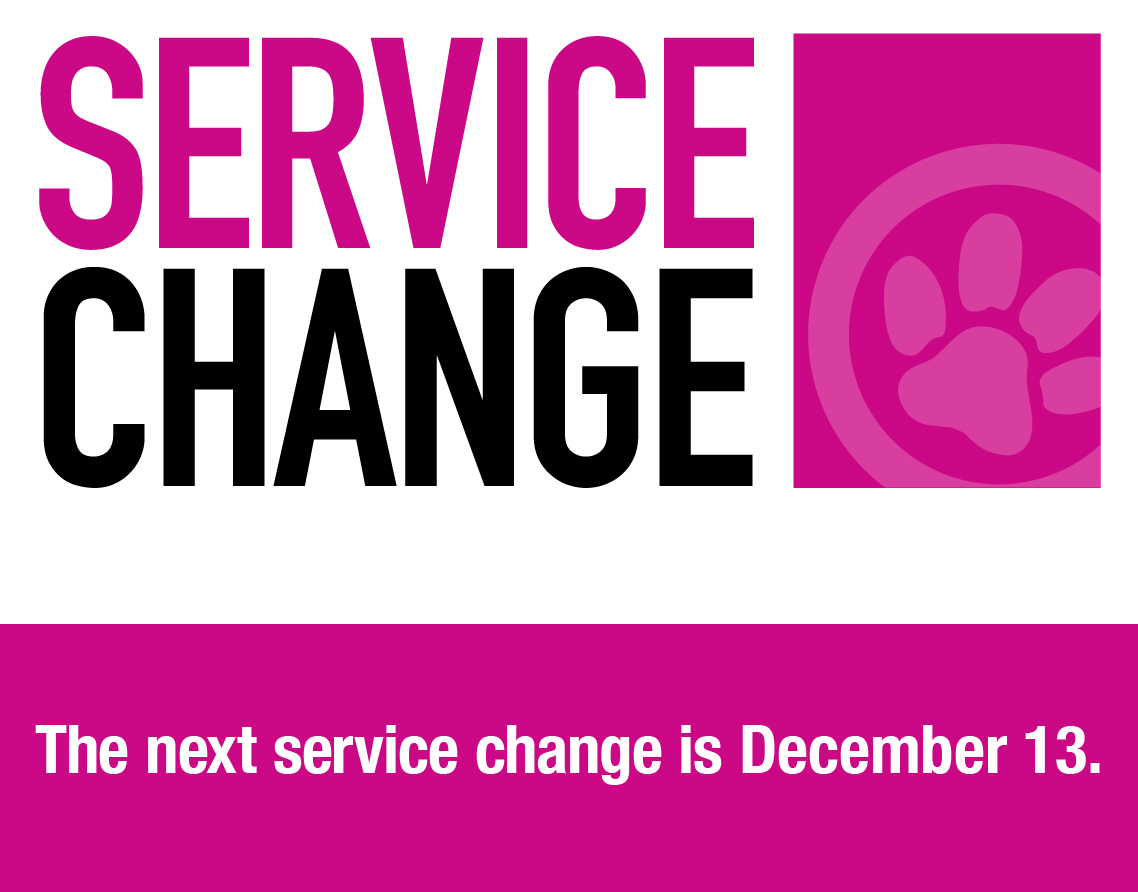 Announcement of a service change scheduled for December 13 with a pink paw print logo.