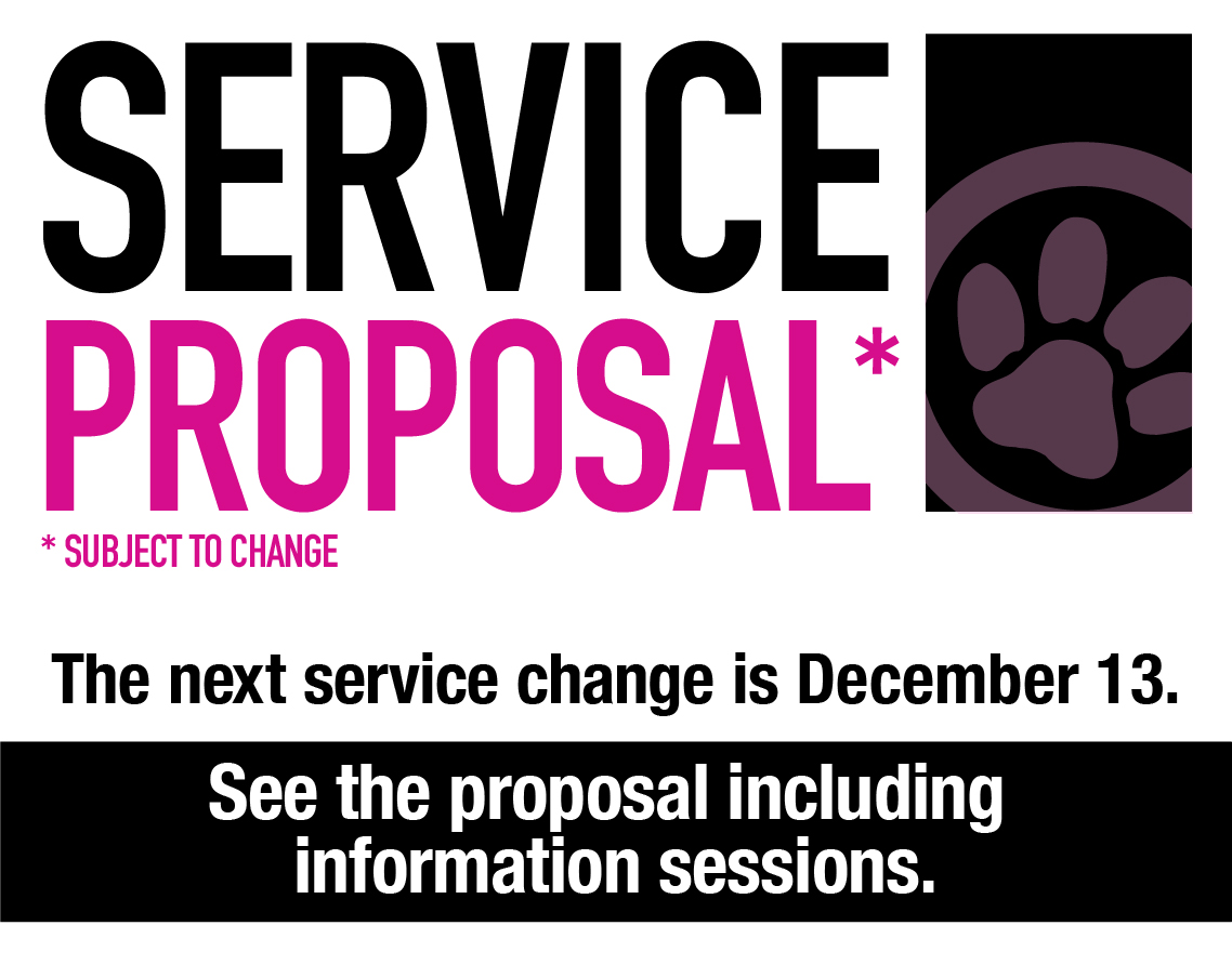 Service proposal announcement with a paw print icon, noting the next service change on December 13 and inviting viewers to see the proposal and info sessions.