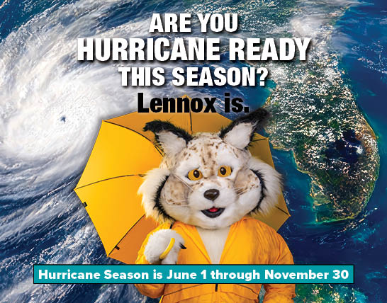 Lennox the lynx mascot in a yellow raincoat and umbrella stands before a satellite image of a hurricane approaching Florida, asking if viewers are hurricane ready.