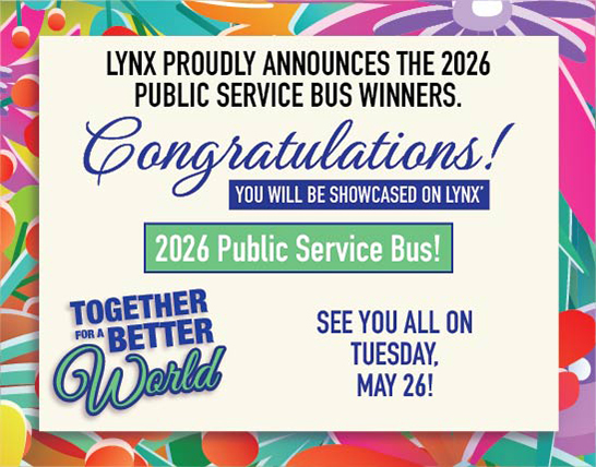 Colorful floral border with announcement of the 2026 Public Service Bus winners to be showcased on Lynx on May 26.
