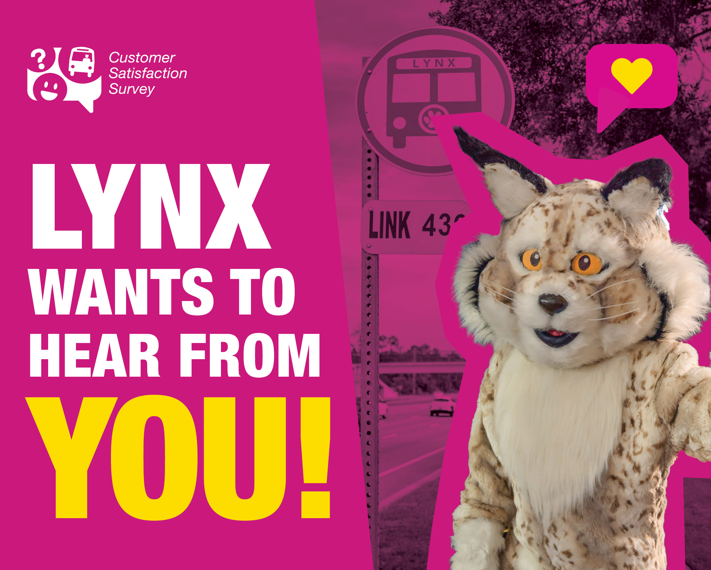 Lennox the lynx mascot with bus stop sign in the background