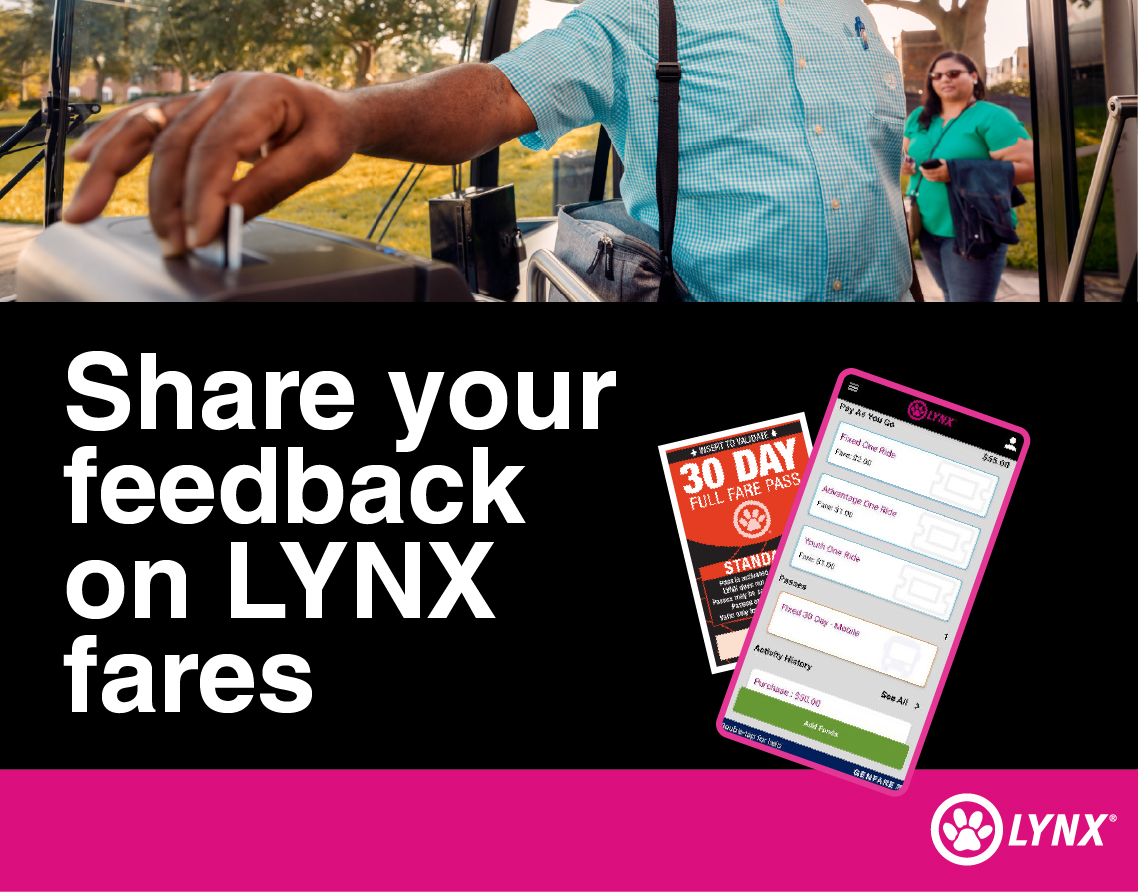 Person reaching to pay on a bus with text inviting feedback on LYNX fares and a smartphone showing a fare survey form.