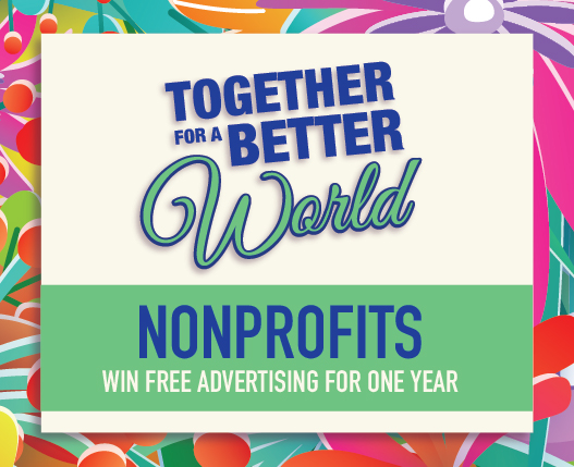 Colorful floral border surrounds a message promoting free advertising for nonprofits to create a better world.