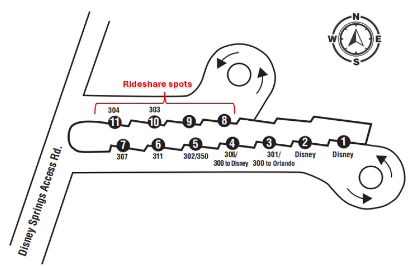 Map showing bus stops numbered 1 to 11 along Disney Springs Access Rd with designated rideshare spots between stops 8 and 11.
