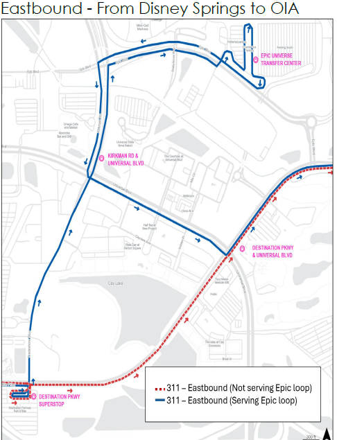 Map showing eastbound route 311 from Disney Springs to OIA with two paths: one serving the Epic Universe Transfer Center and one bypassing it.