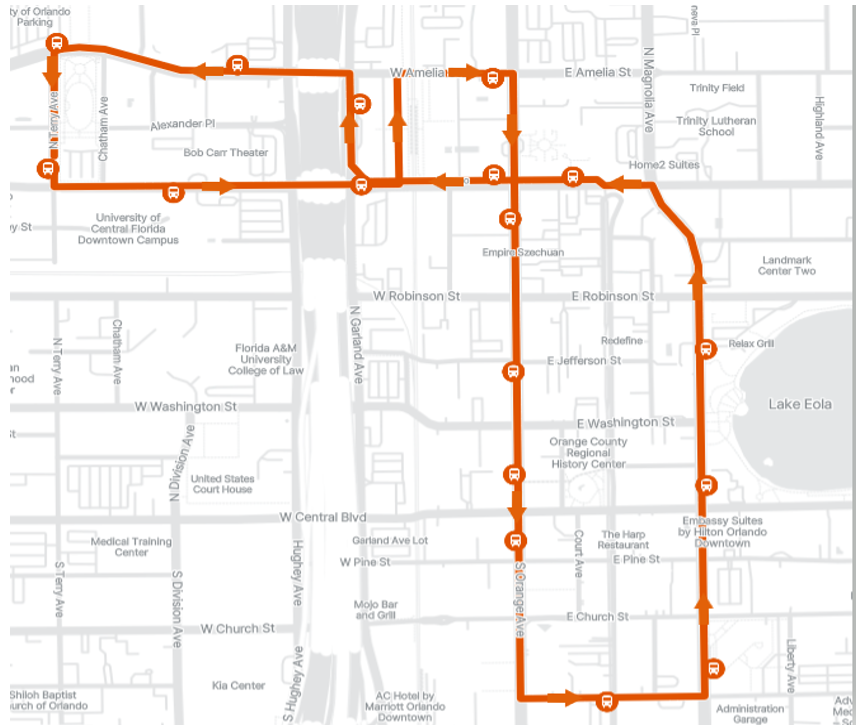 Map showing a detailed LYMMO detour through downtown Orlando with stops at key landmarks and streets.