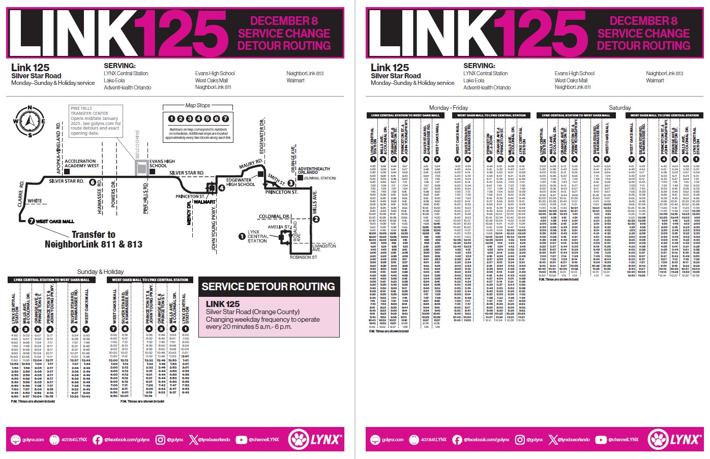 Pine Hills Transfer Center Link 125 service detour routing schedule.