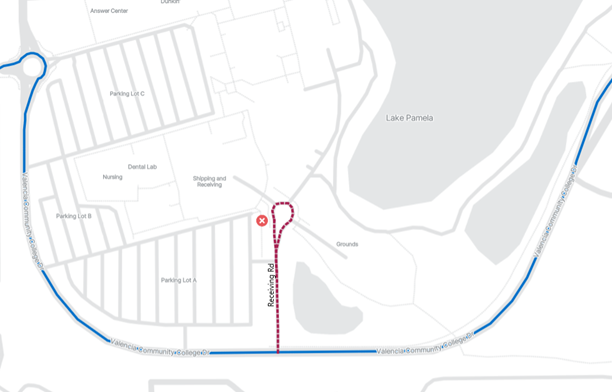 Map for Link 21 detour showing a blue main route and a red dashed detour along Receiving Road leading to a no-access point near Shipping and Receiving.