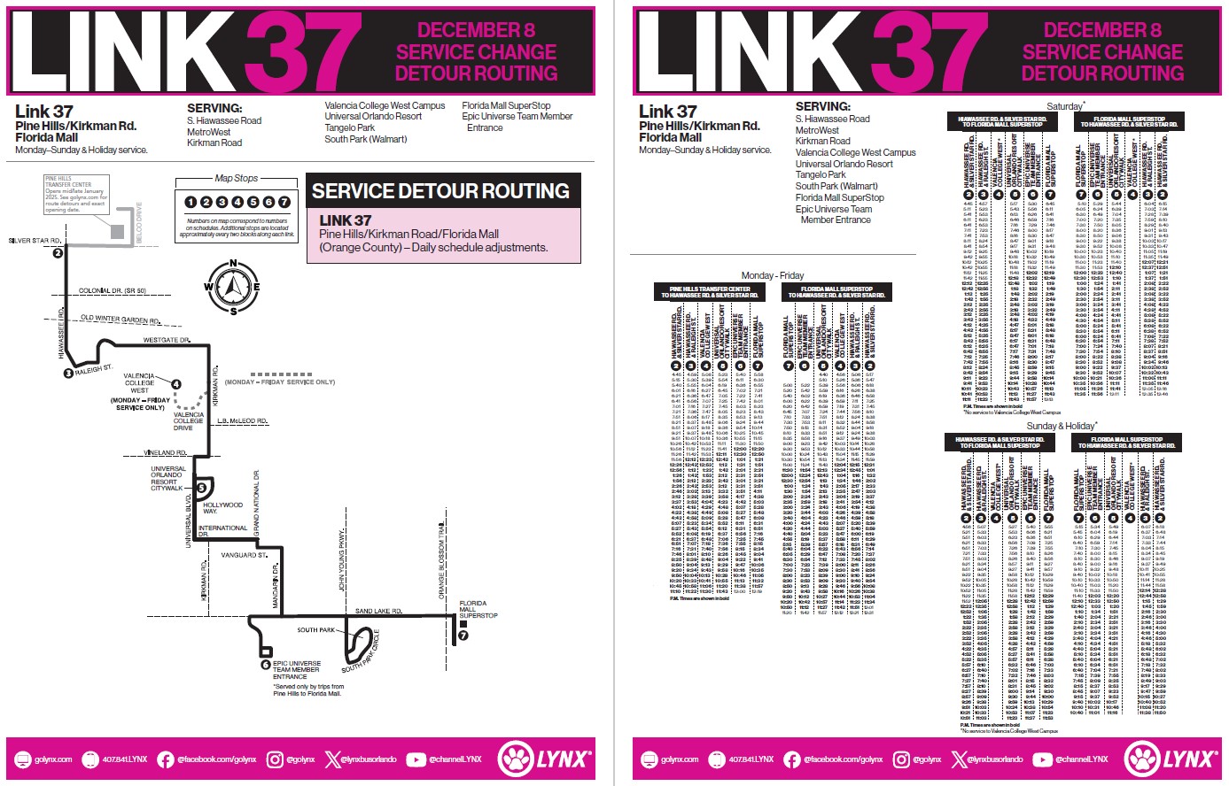 Pine HIlls Construction service detour schedule for Link 37.
