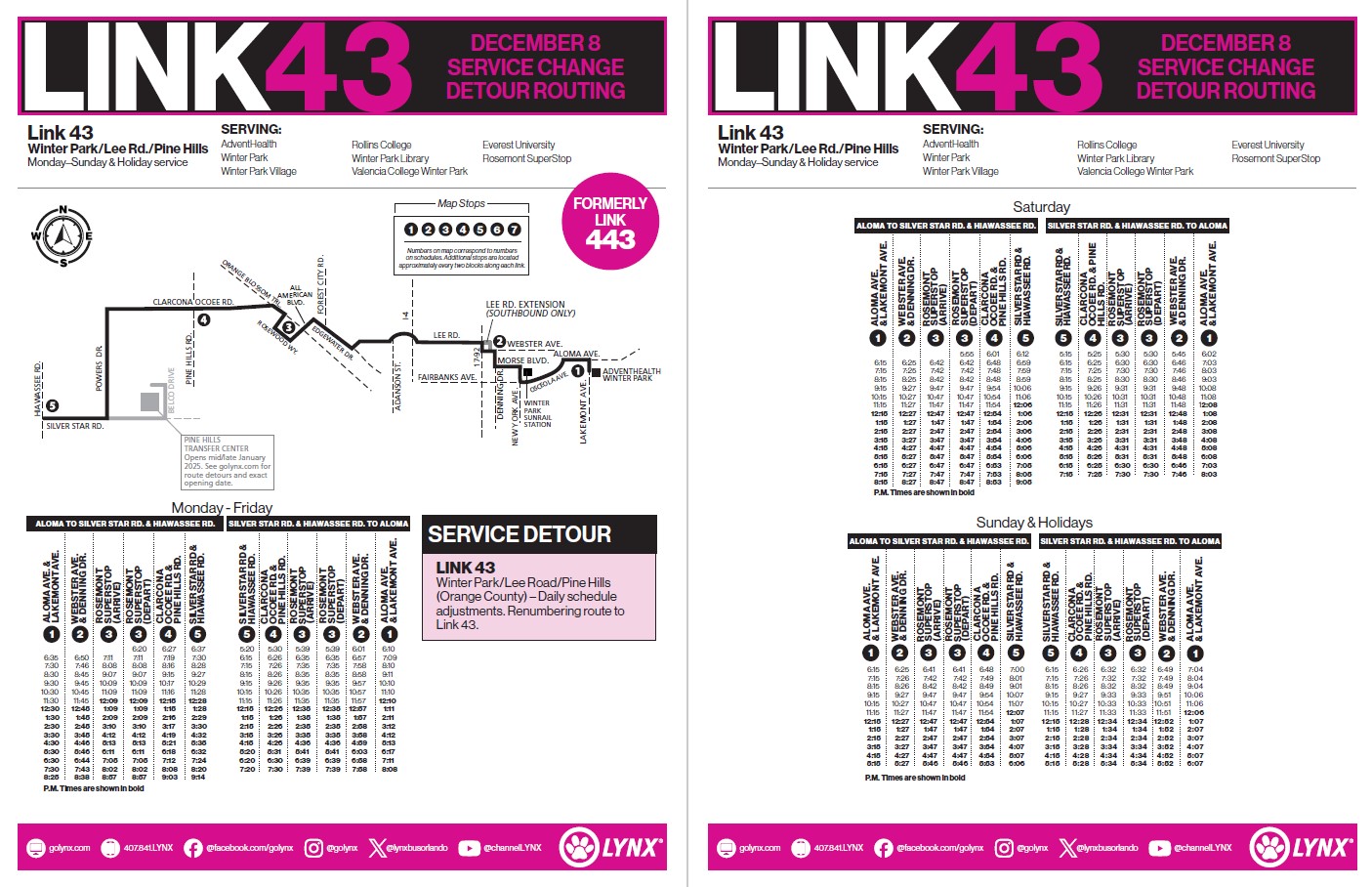 Pine Hills Transfer Center detour schedule for Link 43.