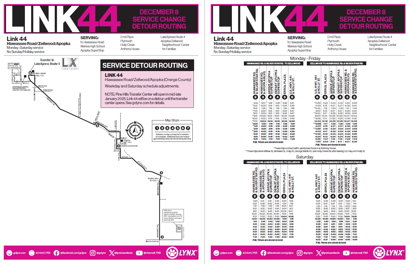 Pine Hills Transfer Center Link 44 service detour schedule.