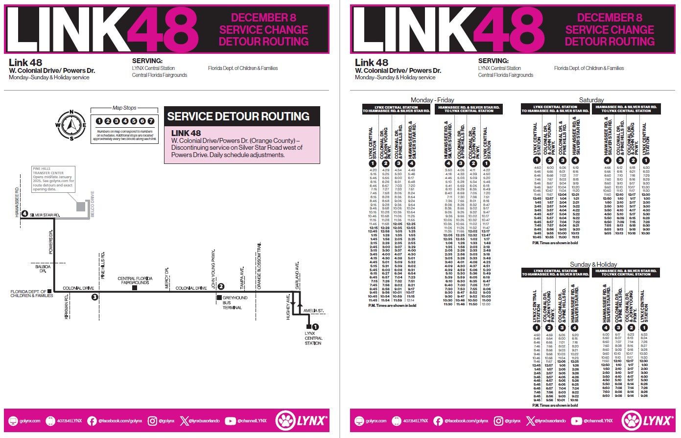 Pine Hills Transfer Center Detour Routing Schedule for Link 48
