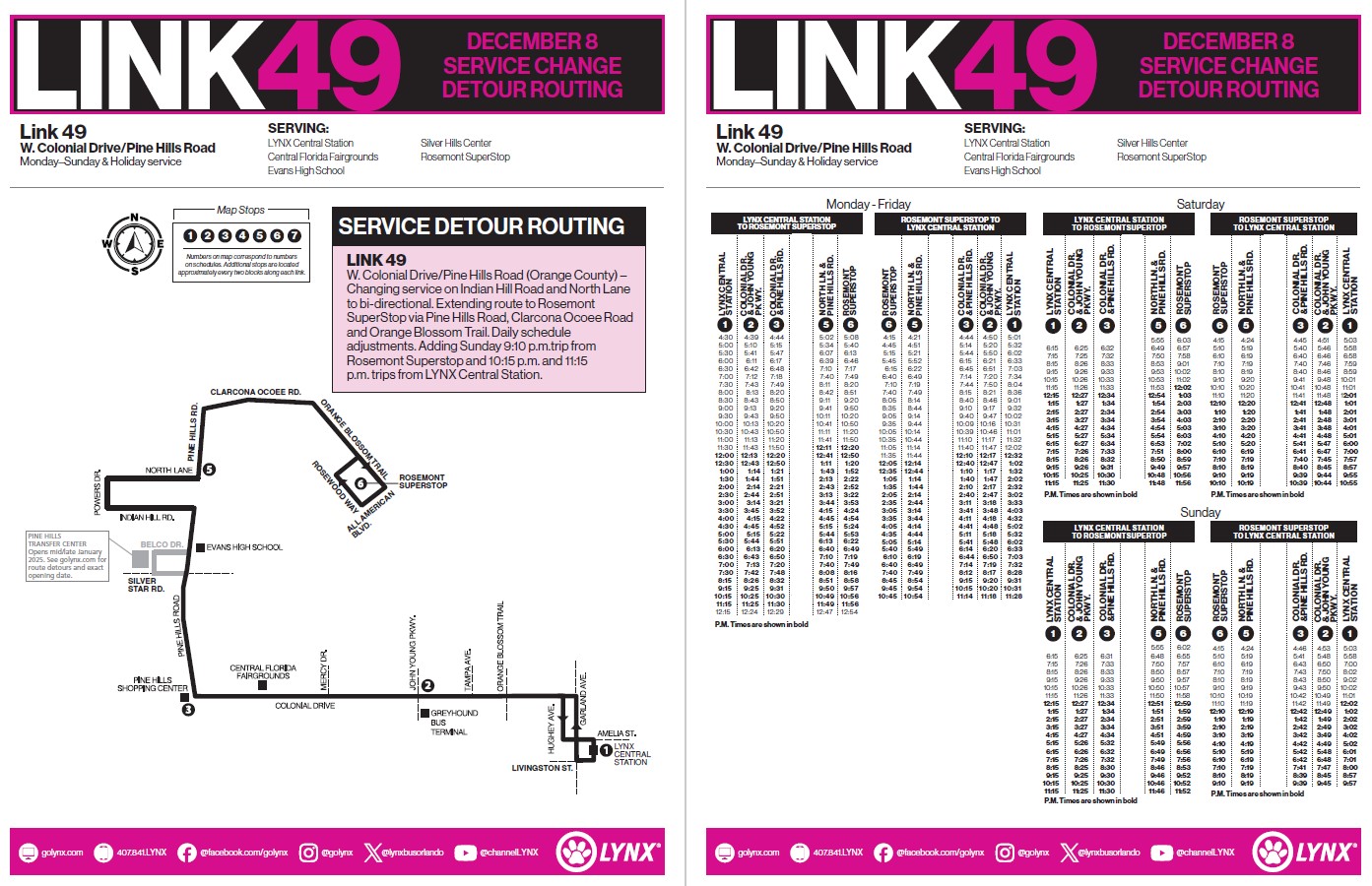 Pine Hills Transfer Center Link 49 service detour routing schedule.