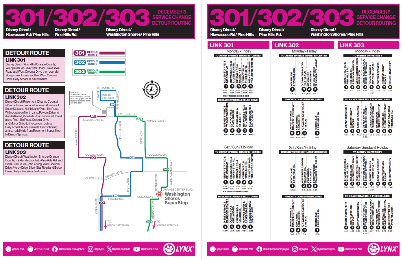 Pine Hills Transfer Center Links 301, 302 and 303 service detour routing schedule.