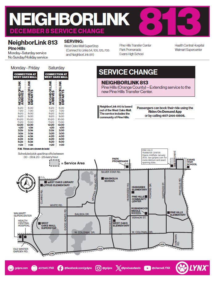 Pine Hills Transfer Center NeighborLink 813 service detour routing schedule.
