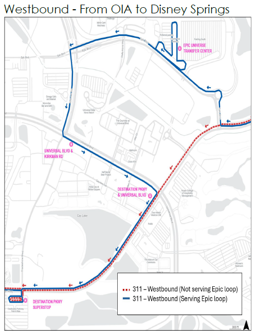 Map showing westbound bus routes from Orlando International Airport to Disney Springs, highlighting paths serving and not serving the Epic Universe loop.