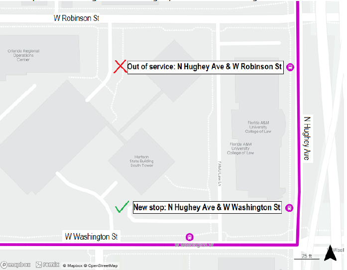 Map showing a transit route change with N Hughey Ave and W Robinson St stop marked out of service and a new stop at N Hughey Ave and W Washington St.