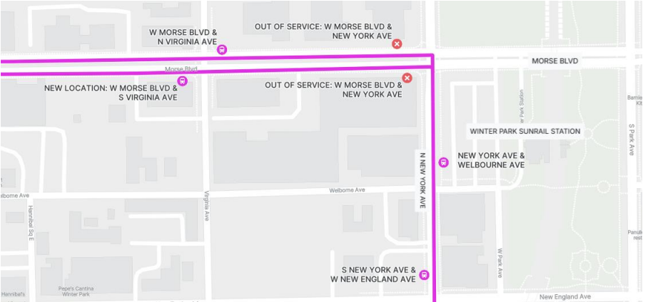 map of bus stop closures showing the new bus stop locations.