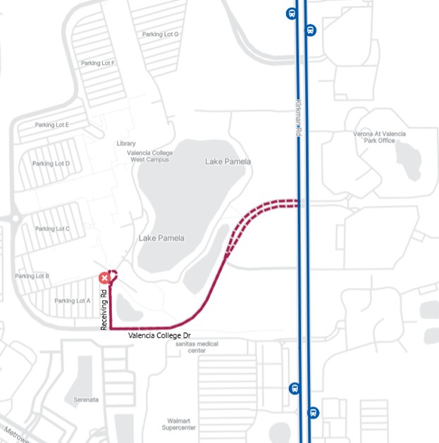 Map for Link 37 detour showing a red dashed detour from Kirkman Road to Receiving Road ending at a closed point near Parking Lot B, with the main blue route alongside.