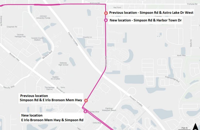 Map showing Link 10 bus route with relocated stops along Simpson Road, highlighting previous stops and new stop locations at nearby intersections.
