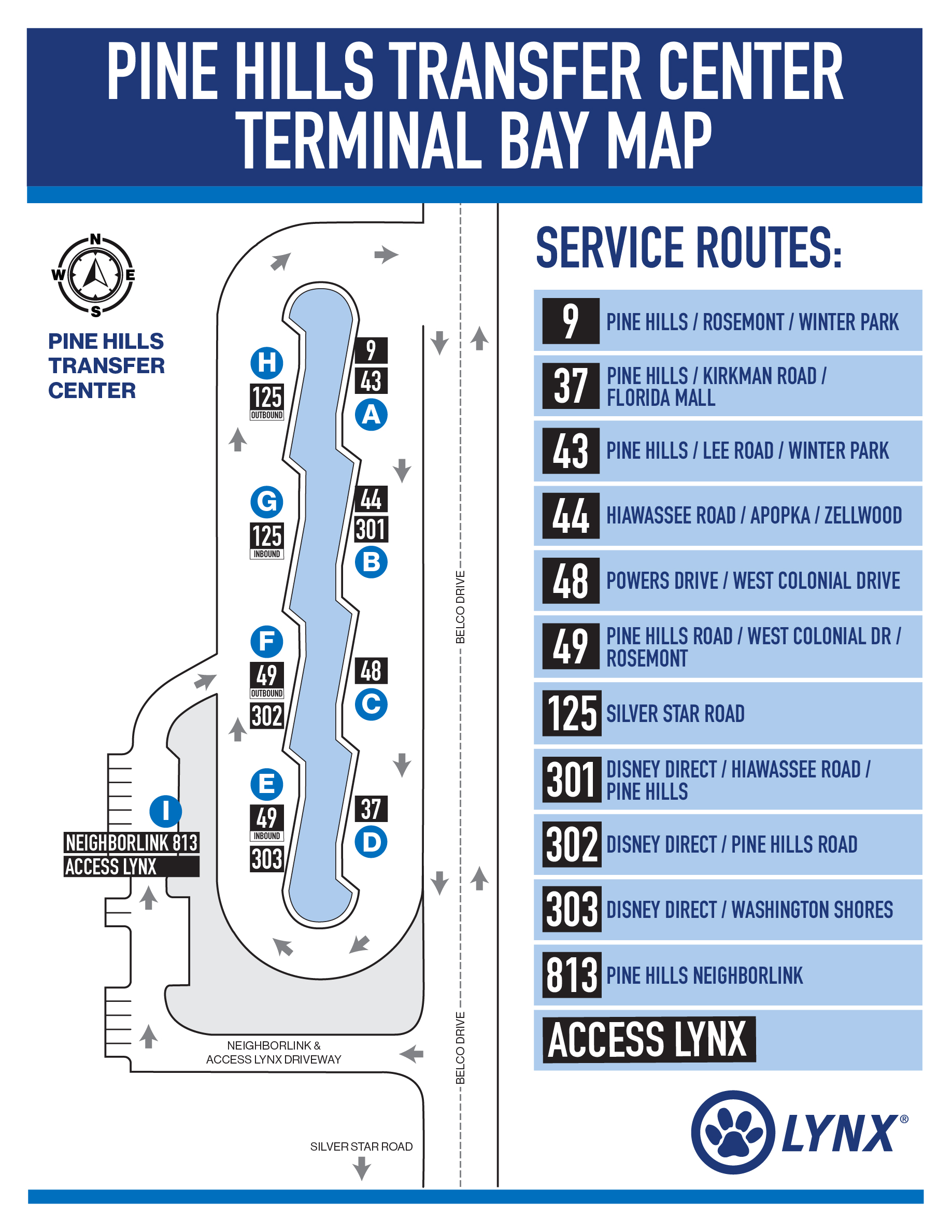 Map of bus bays (A:Links 9, 43 B: Links 44, 301 C: Link 48 D: Link 37, E Links 49, 303 F: Links 49, 302 G: Link 125 H: Link 125 I: NeighborLink 813, ACCESS LYNX) at Pine Hills Transfer Center.