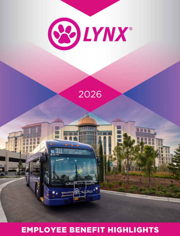 Link 311 Bus with a hotel in the background and decorative horizontal lines.